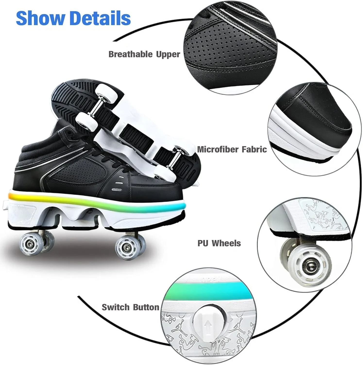 Roller Skate Shoes for Women Four Rounds Children's Roller Skates Shoes That Turn into Rollerskates Sneakers Outdoor Light Shoes with Wheels for Girls/Boys