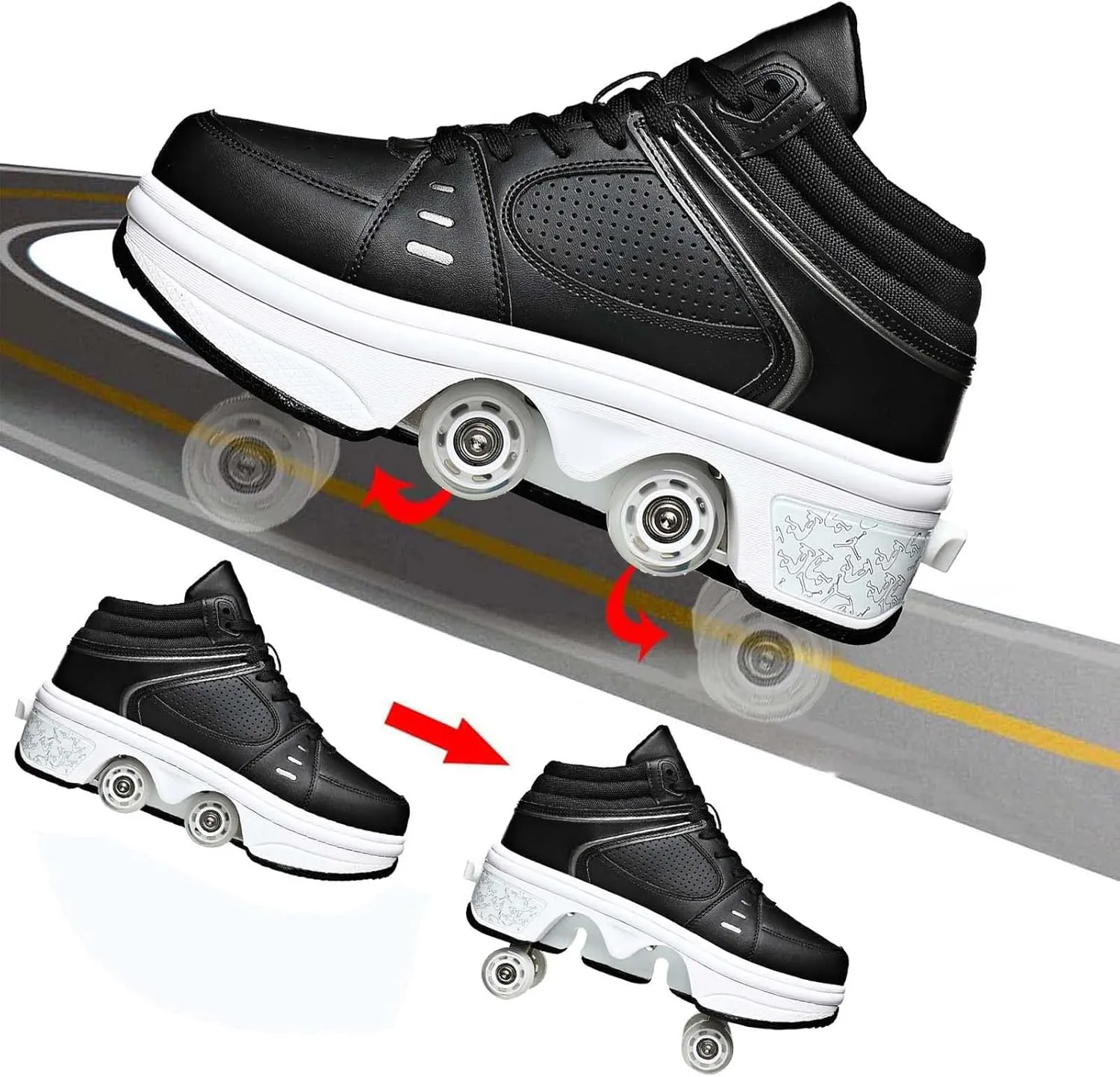 Roller Skate Shoes for Women Four Rounds Children's Roller Skates Shoes That Turn into Rollerskates Sneakers Outdoor Light Shoes with Wheels for Girls/Boys