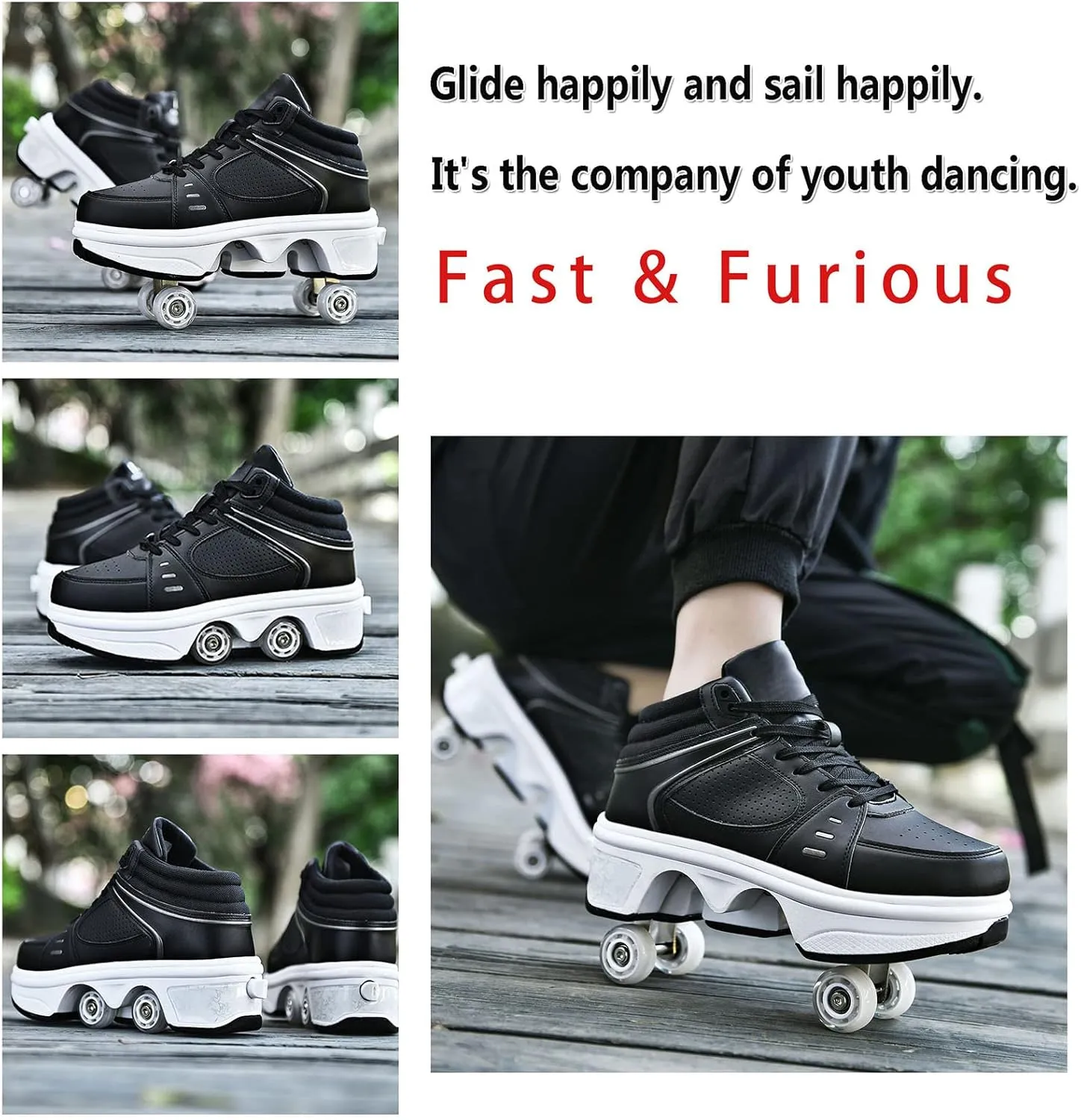 Roller Skate Shoes for Women Four Rounds Children's Roller Skates Shoes That Turn into Rollerskates Sneakers Outdoor Light Shoes with Wheels for Girls/Boys