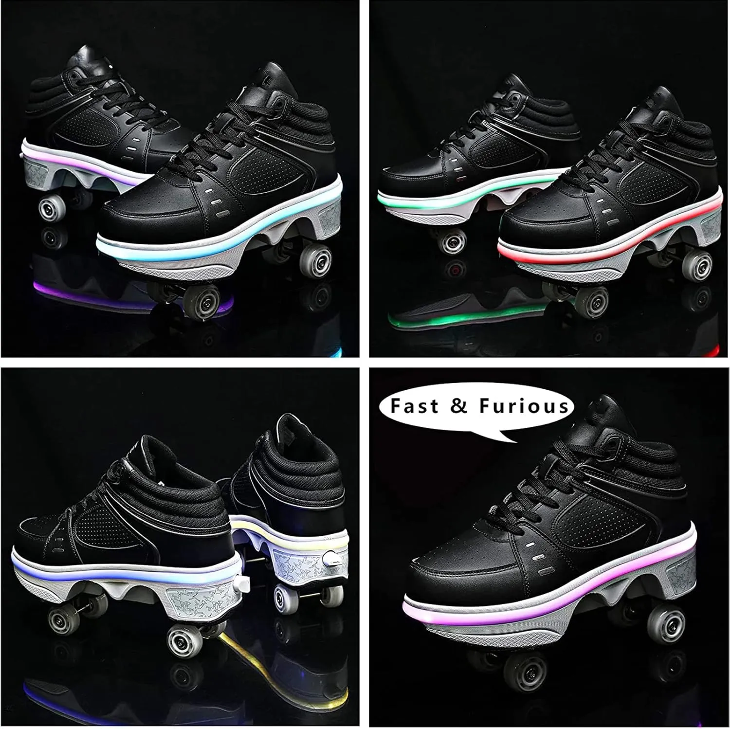 Roller Skate Shoes for Women Four Rounds Children's Roller Skates Shoes That Turn into Rollerskates Sneakers Outdoor Light Shoes with Wheels for Girls/Boys