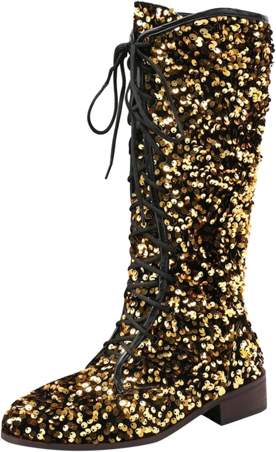 SACFOF Women's Glitter Sequin Mid Calf Boots Round Toe Chunky Block Heel Boots Sparkly Lace Up Cowboy Cowgirl Boots for Women