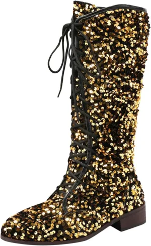 SACFOF Women's Glitter Sequin Mid Calf Boots Round Toe Chunky Block Heel Boots Sparkly Lace Up Cowboy Cowgirl Boots for Women