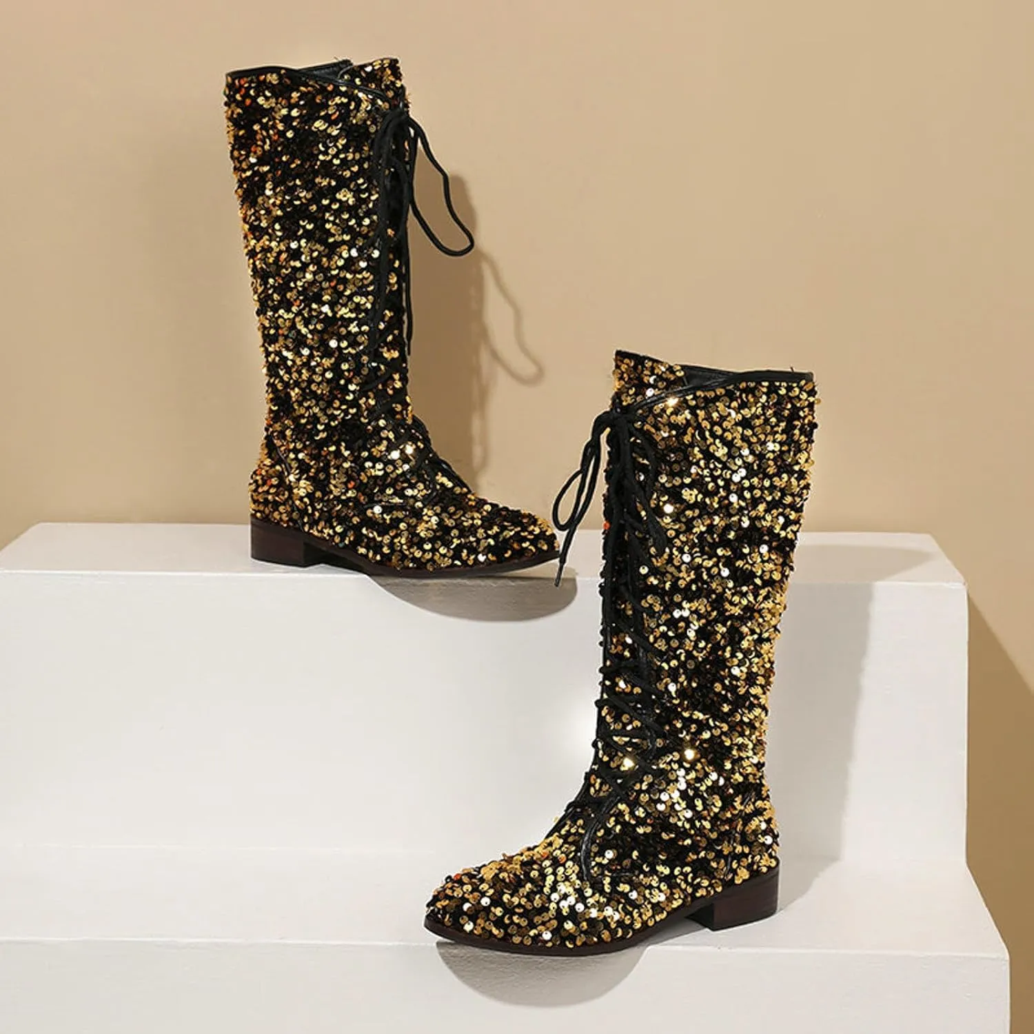 SACFOF Women's Glitter Sequin Mid Calf Boots Round Toe Chunky Block Heel Boots Sparkly Lace Up Cowboy Cowgirl Boots for Women