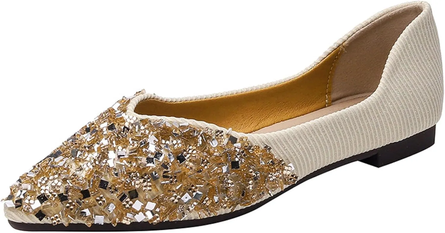 SAFECAMS Women's Shiny Rhinestone Ballet Flats Shoes Pointed Toe Flats for Women Comfortable Slip on Wedding Work Low Heel Dress Shoes
