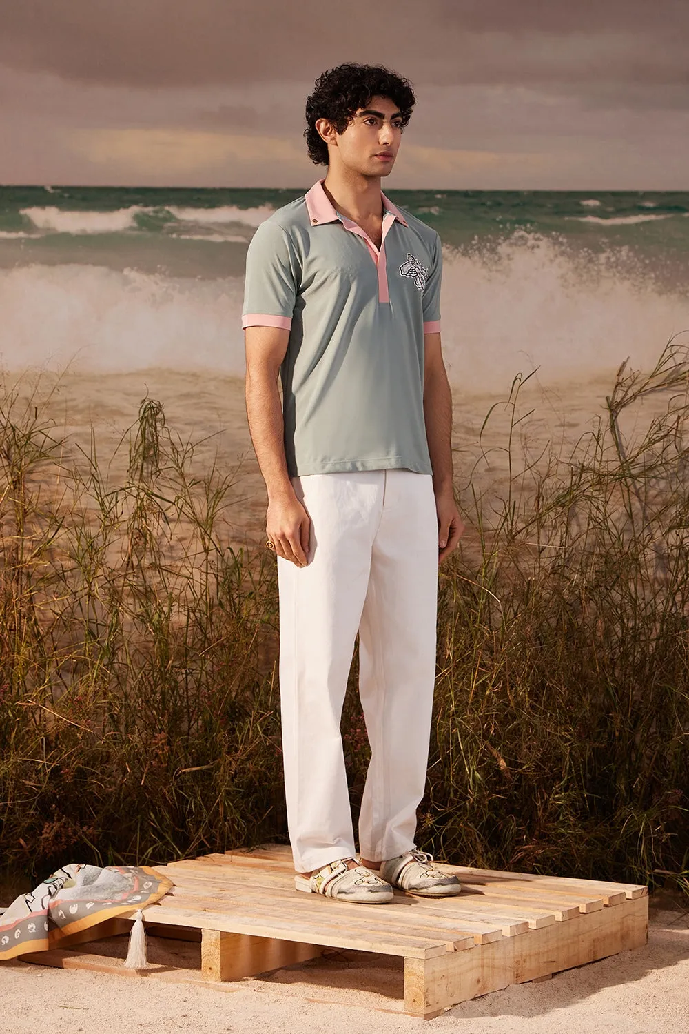 Sage Polo with Salmon Collar