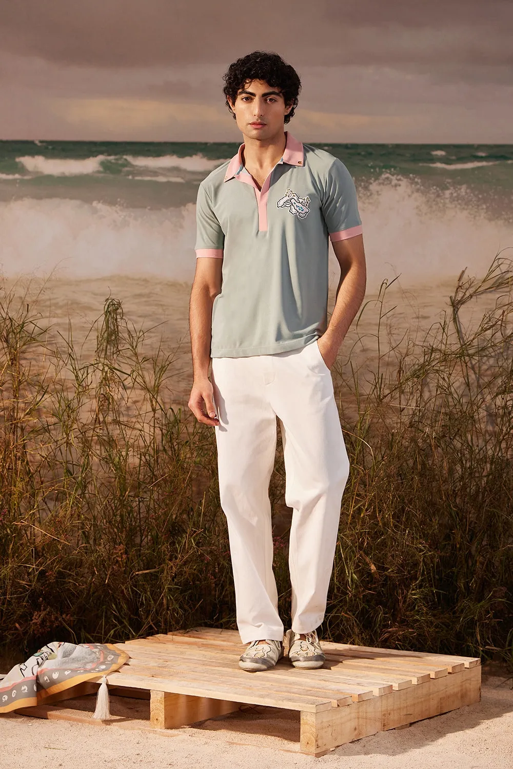 Sage Polo with Salmon Collar