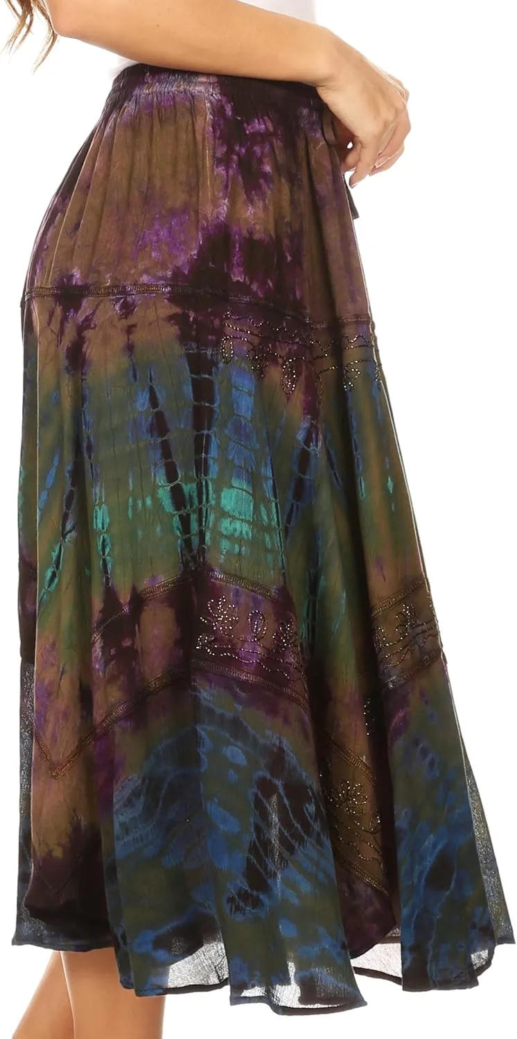 Sakkas Justina Womens Dance Midi Full Circle Tie-dye Skirt with Elastic Waist