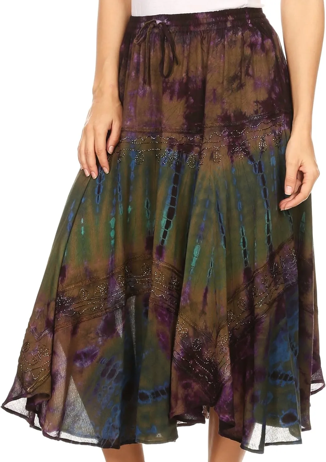 Sakkas Justina Womens Dance Midi Full Circle Tie-dye Skirt with Elastic Waist