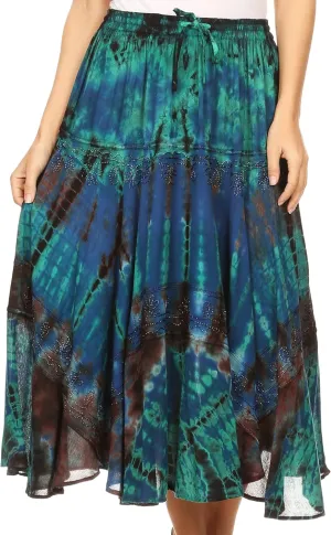 Sakkas Justina Womens Dance Midi Full Circle Tie-dye Skirt with Elastic Waist