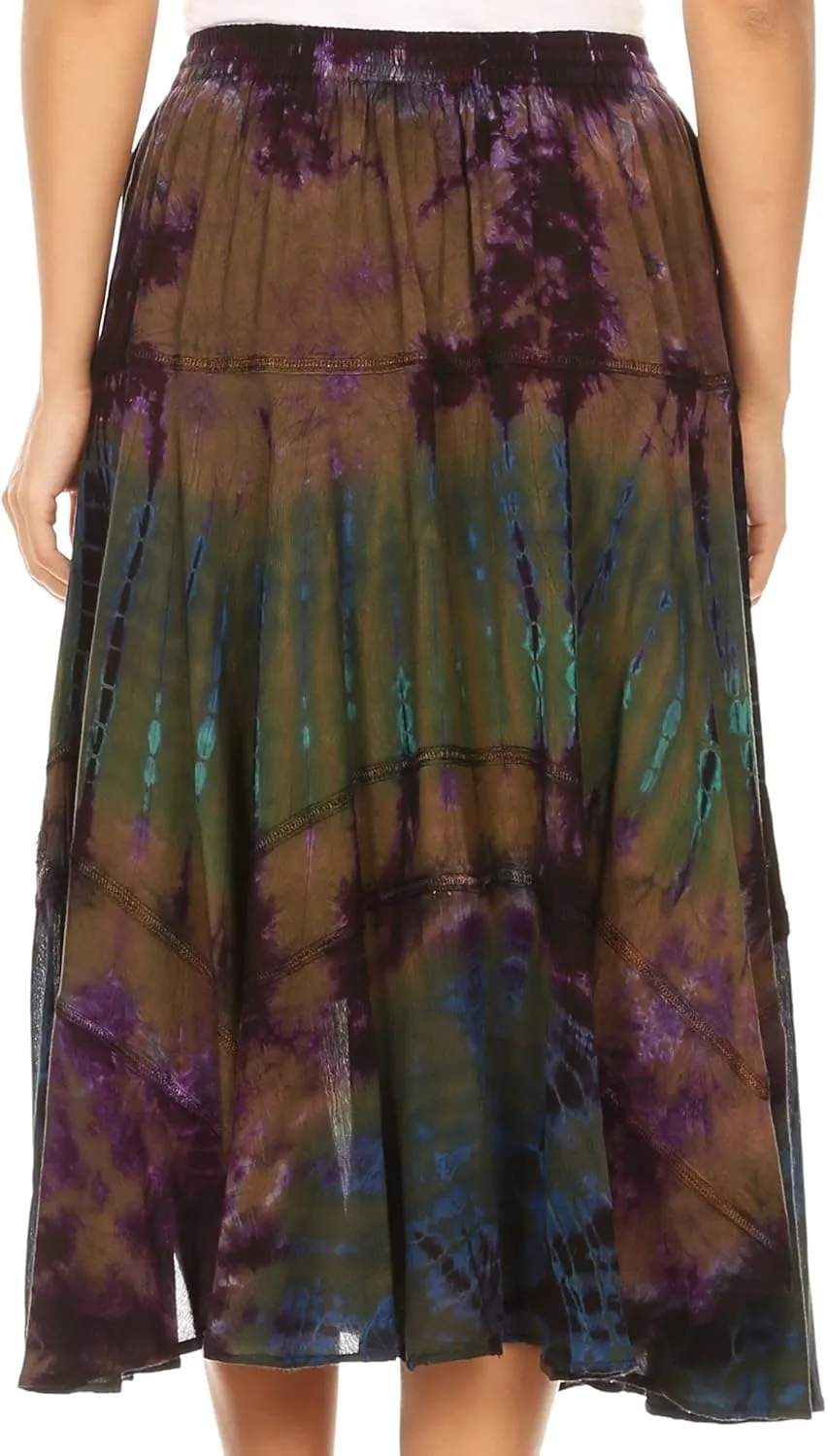 Sakkas Justina Womens Dance Midi Full Circle Tie-dye Skirt with Elastic Waist