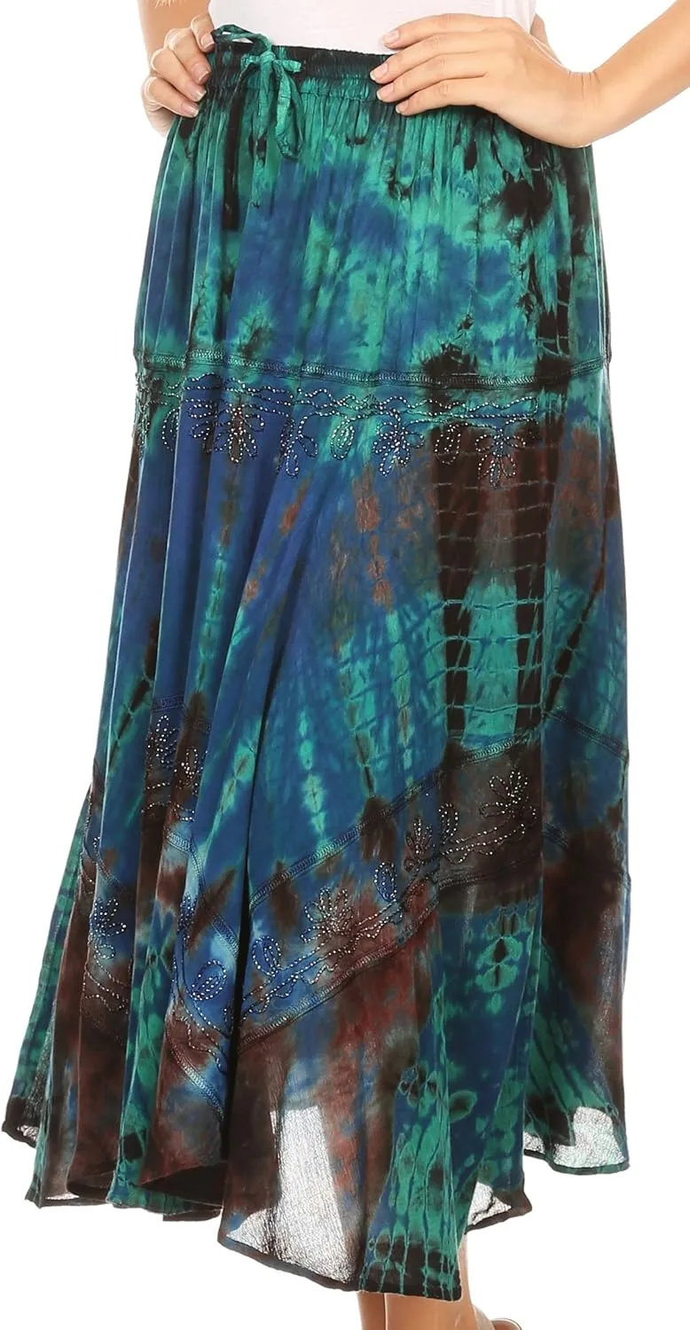 Sakkas Justina Womens Dance Midi Full Circle Tie-dye Skirt with Elastic Waist