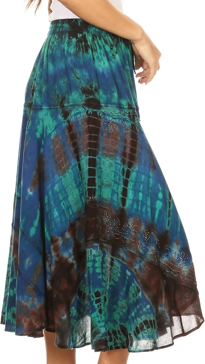 Sakkas Justina Womens Dance Midi Full Circle Tie-dye Skirt with Elastic Waist