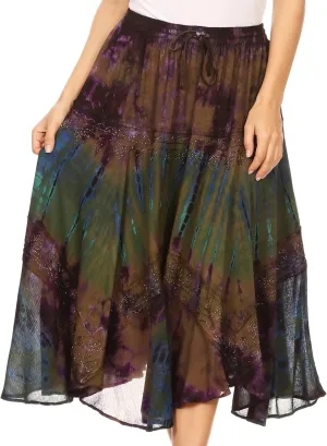Sakkas Justina Womens Dance Midi Full Circle Tie-dye Skirt with Elastic Waist