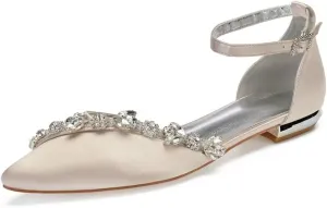 Satin Rhinestones Wedding Shoes for Bride Flats Pointed Toe Formal Dress Shoes Flats