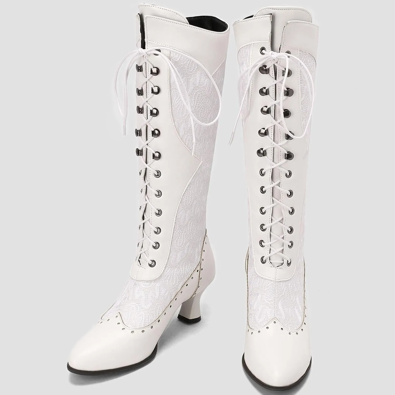 Seborluys Women Victorian Vintage Knee High Boots Kitten Heel Pointed Toe Lace Up Knee Length Boots Pull On Long Boot