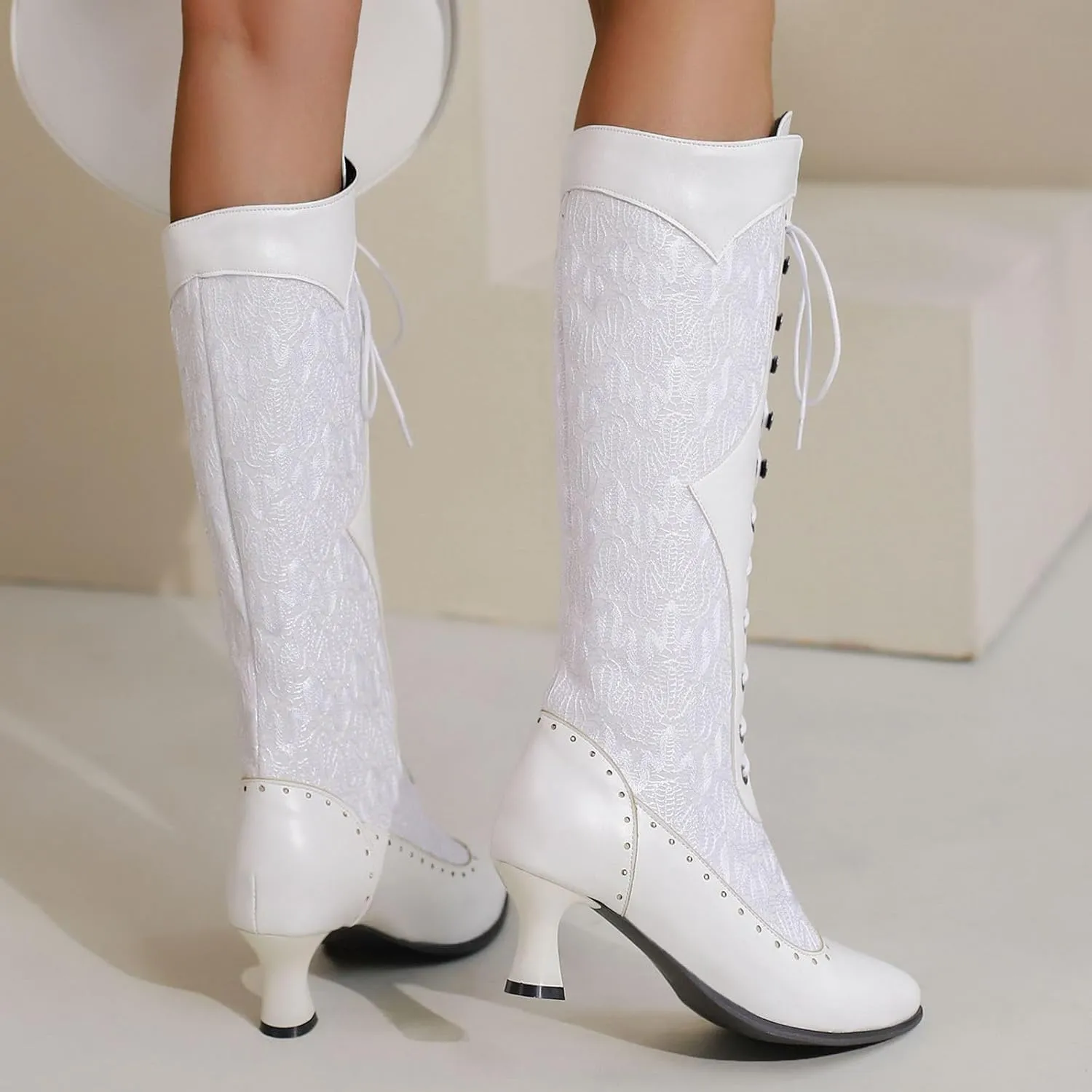 Seborluys Women Victorian Vintage Knee High Boots Kitten Heel Pointed Toe Lace Up Knee Length Boots Pull On Long Boot