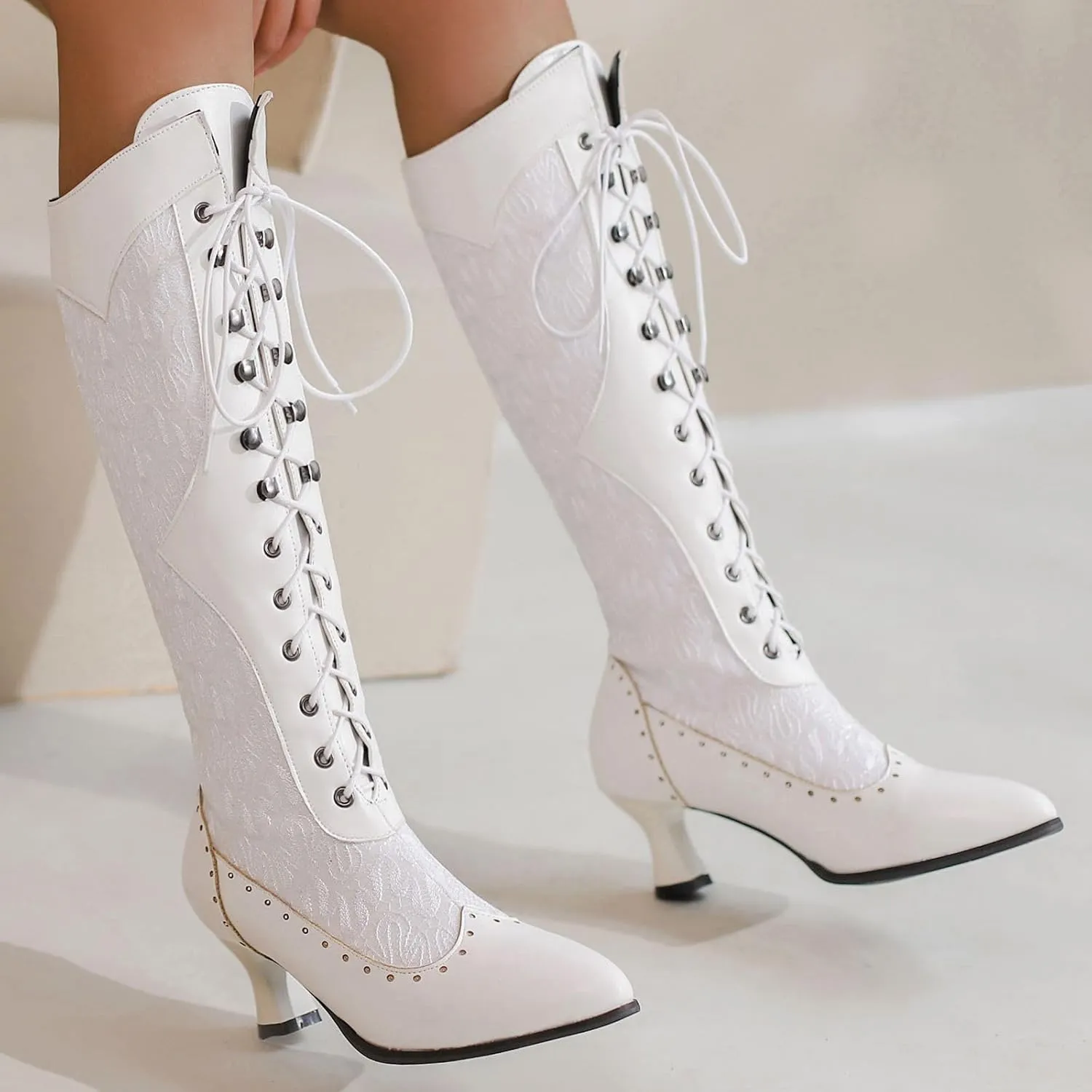 Seborluys Women Victorian Vintage Knee High Boots Kitten Heel Pointed Toe Lace Up Knee Length Boots Pull On Long Boot
