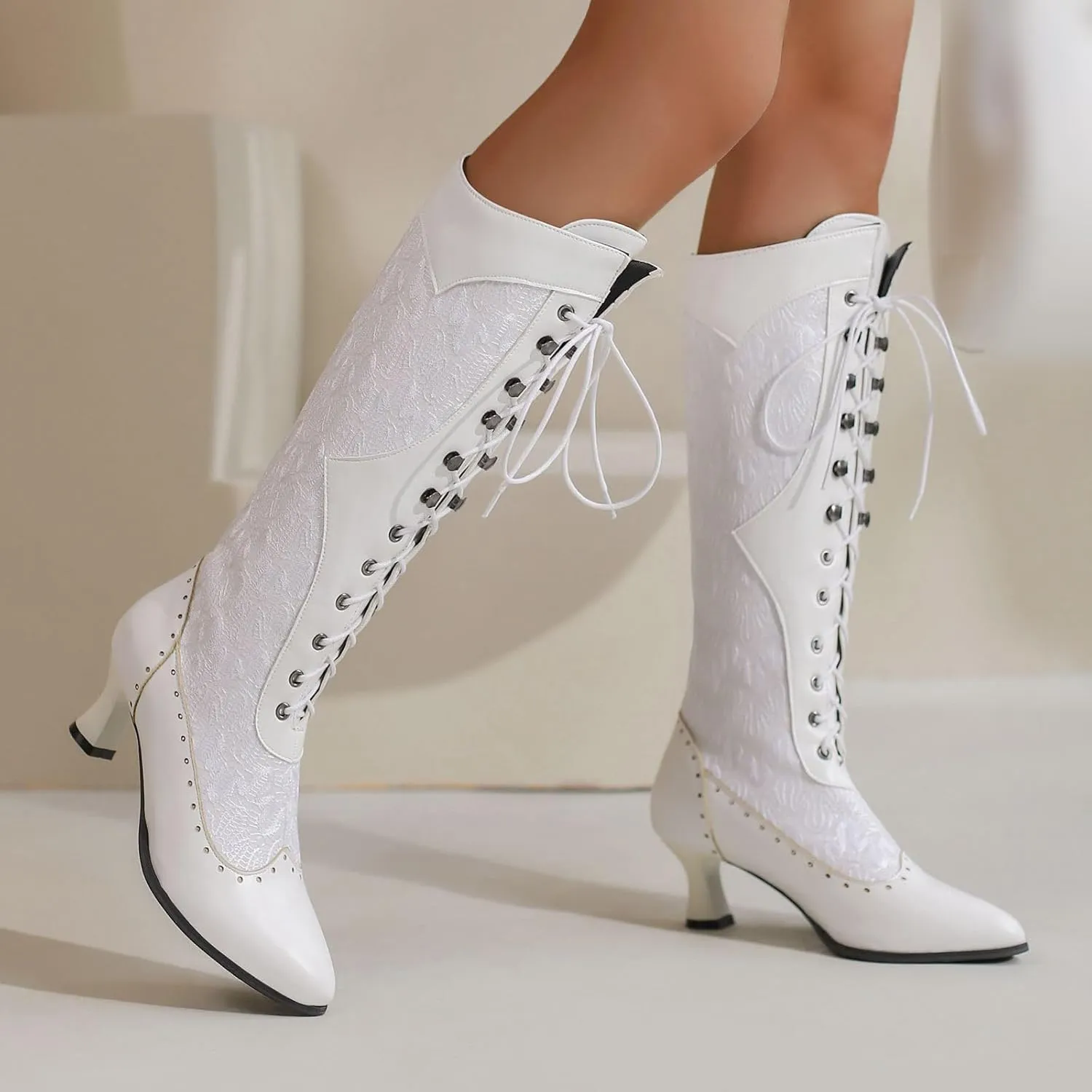 Seborluys Women Victorian Vintage Knee High Boots Kitten Heel Pointed Toe Lace Up Knee Length Boots Pull On Long Boot
