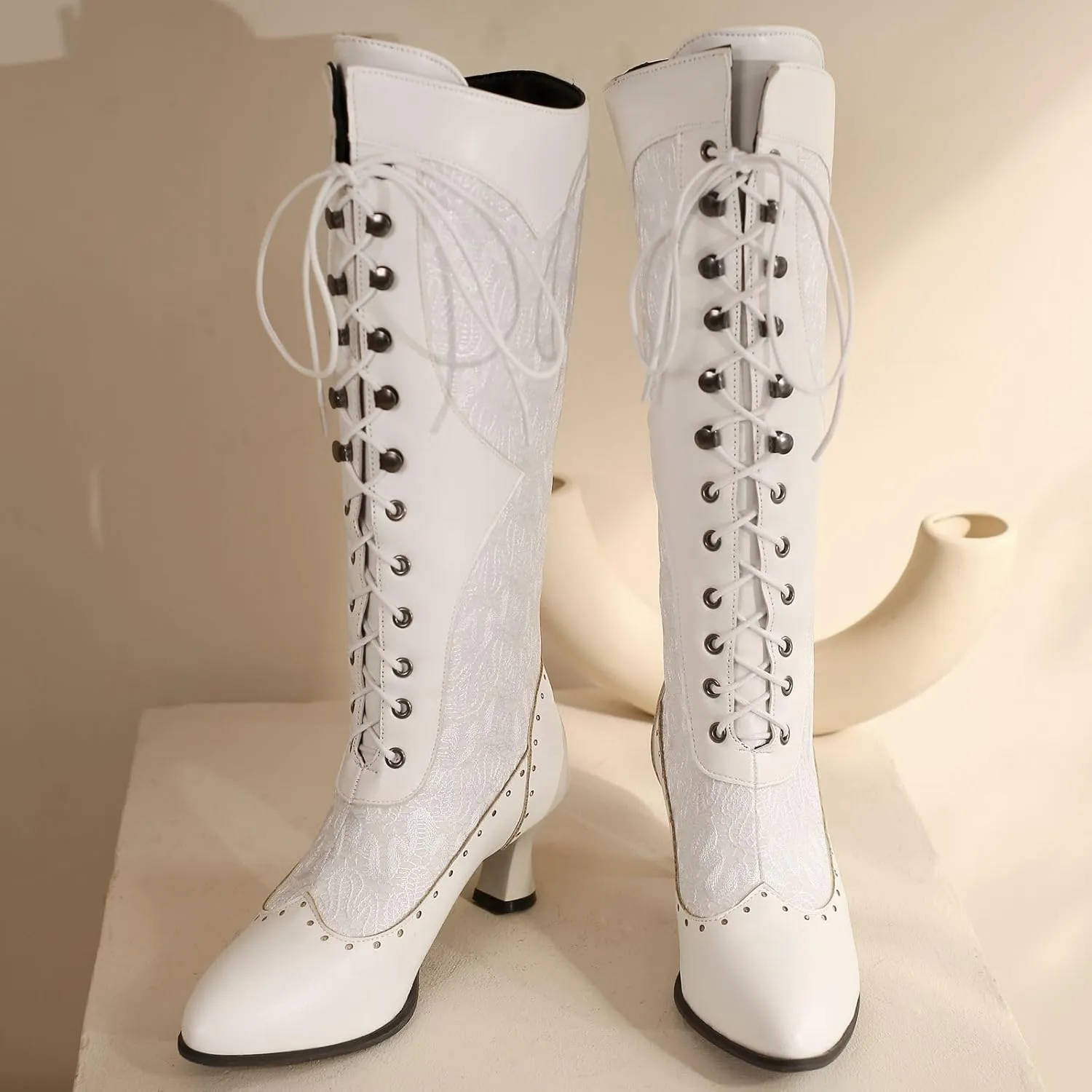 Seborluys Women Victorian Vintage Knee High Boots Kitten Heel Pointed Toe Lace Up Knee Length Boots Pull On Long Boot