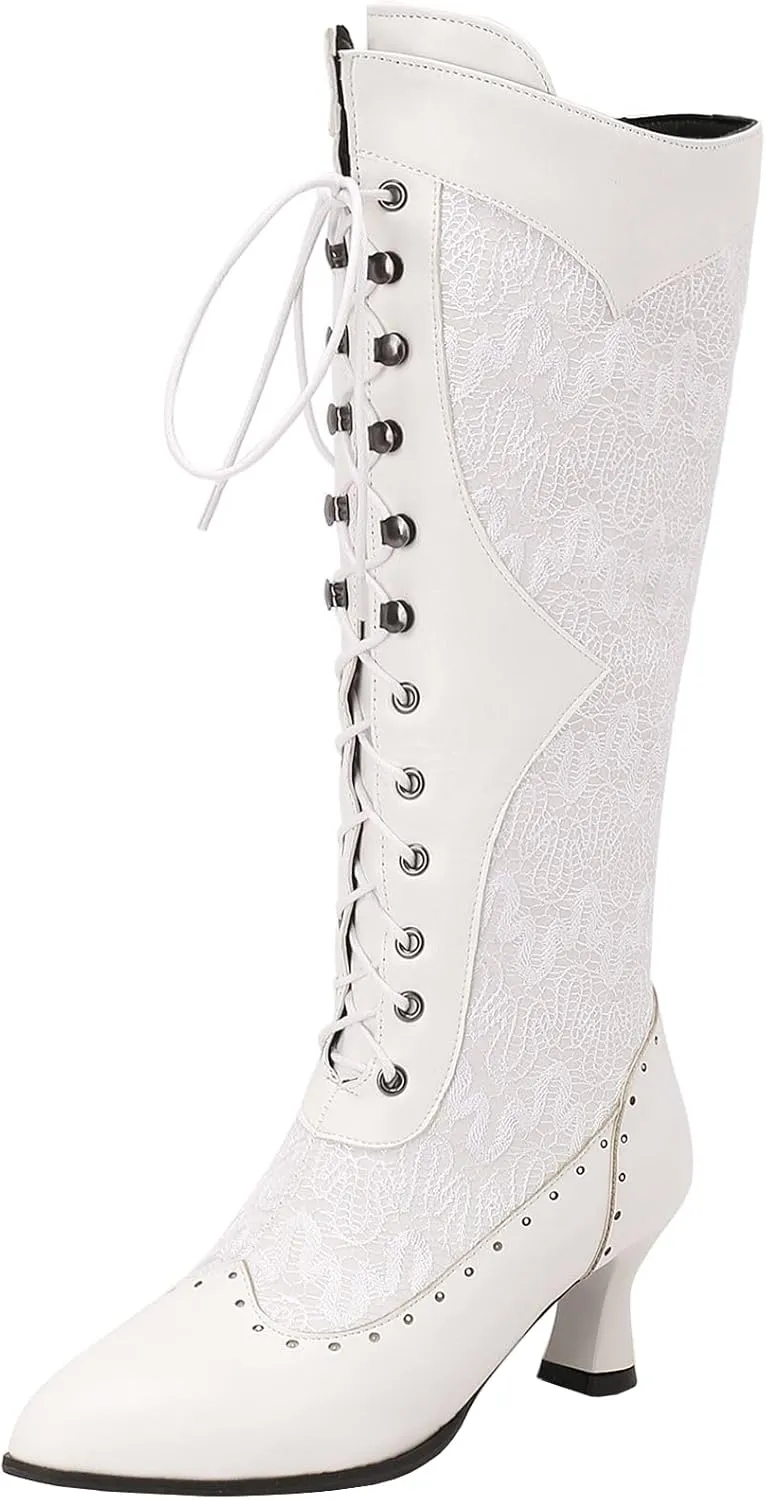 Seborluys Women Victorian Vintage Knee High Boots Kitten Heel Pointed Toe Lace Up Knee Length Boots Pull On Long Boot