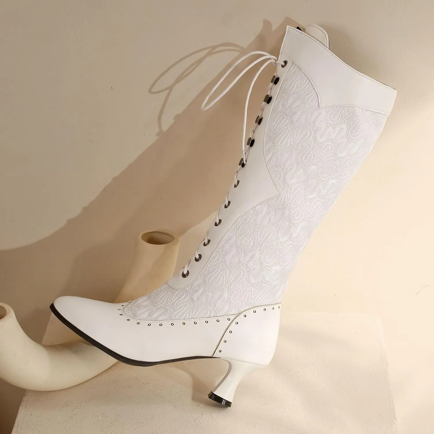Seborluys Women Victorian Vintage Knee High Boots Kitten Heel Pointed Toe Lace Up Knee Length Boots Pull On Long Boot