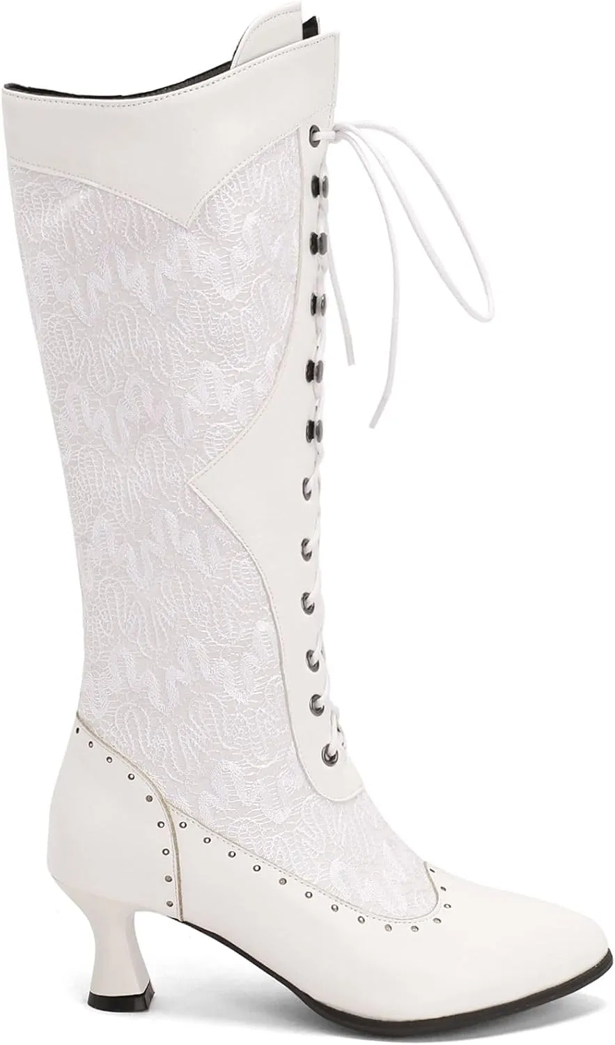 Seborluys Women Victorian Vintage Knee High Boots Kitten Heel Pointed Toe Lace Up Knee Length Boots Pull On Long Boot
