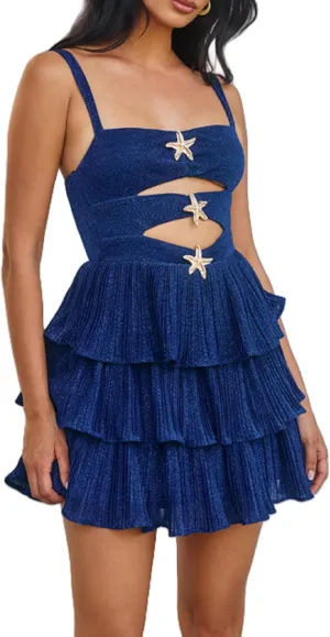 Seyumixi Women Sequin Starfish Short Dress Y2k Square Neck Sleeveless Seashell Dress Sparkly Mini Dresses Vacation Beach