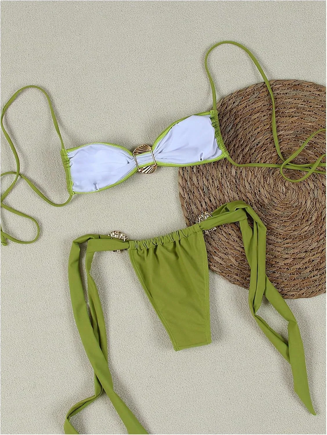 SHENHE Women's Cheeky Two Piece String Bikini Set Shell Ring Ruched Brazilian Thong Swimsuits