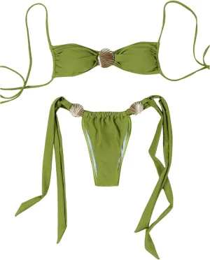 SHENHE Women's Cheeky Two Piece String Bikini Set Shell Ring Ruched Brazilian Thong Swimsuits
