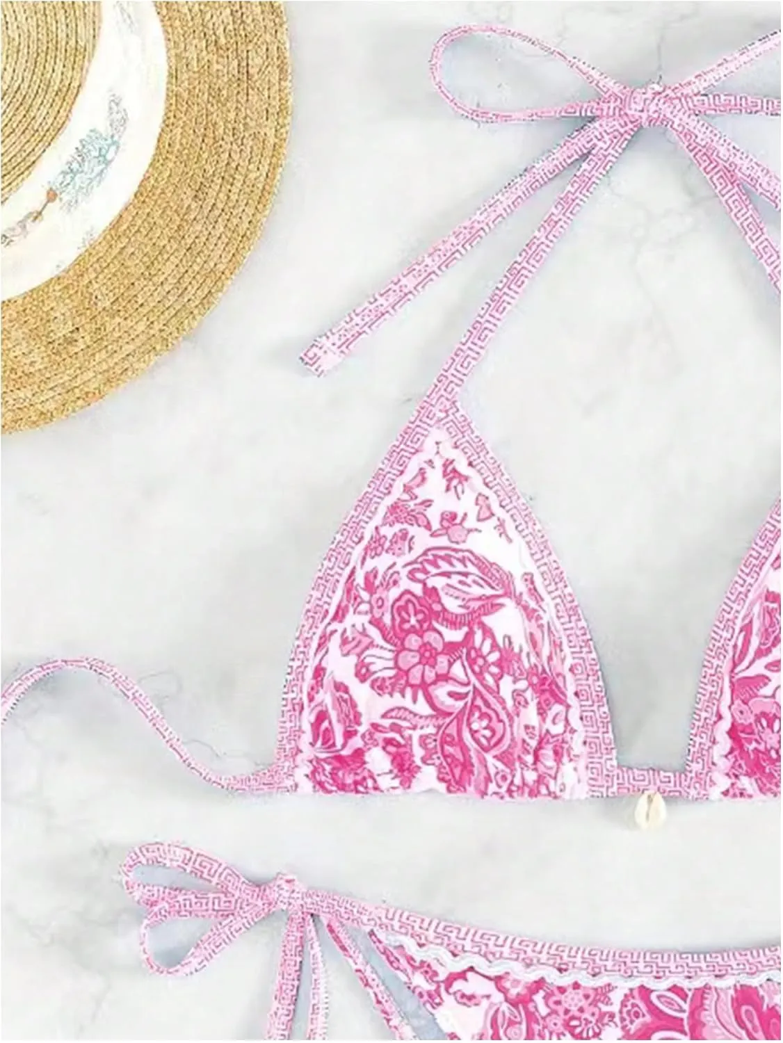 SHENHE Women's Floral Triangle Halter Bikini Top Tie Back String Boho Padded Bathing Suit