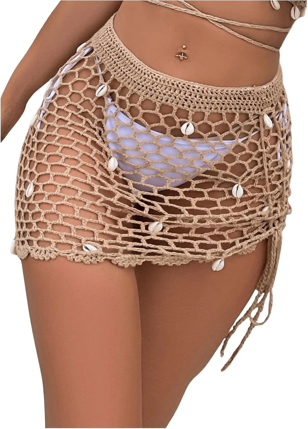 SHENHE Women's Sheer Crochet Hollow Out Shell Swimwear Swimsuit Cover Up Beach Skirt