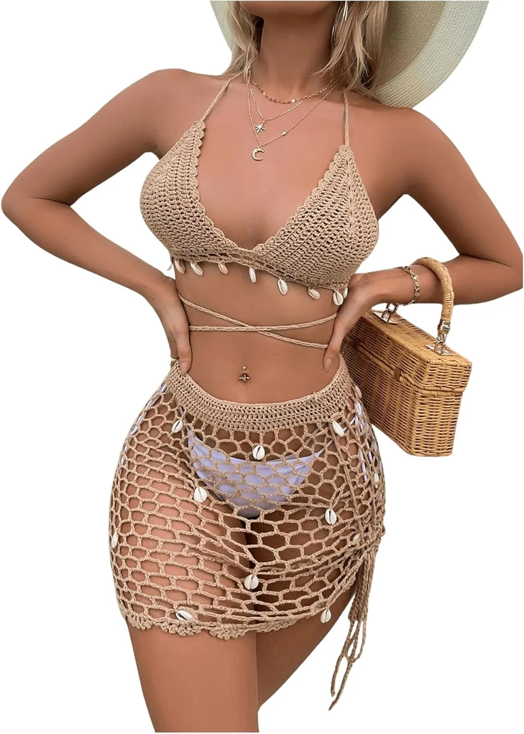 SHENHE Women's Sheer Crochet Hollow Out Shell Swimwear Swimsuit Cover Up Beach Skirt