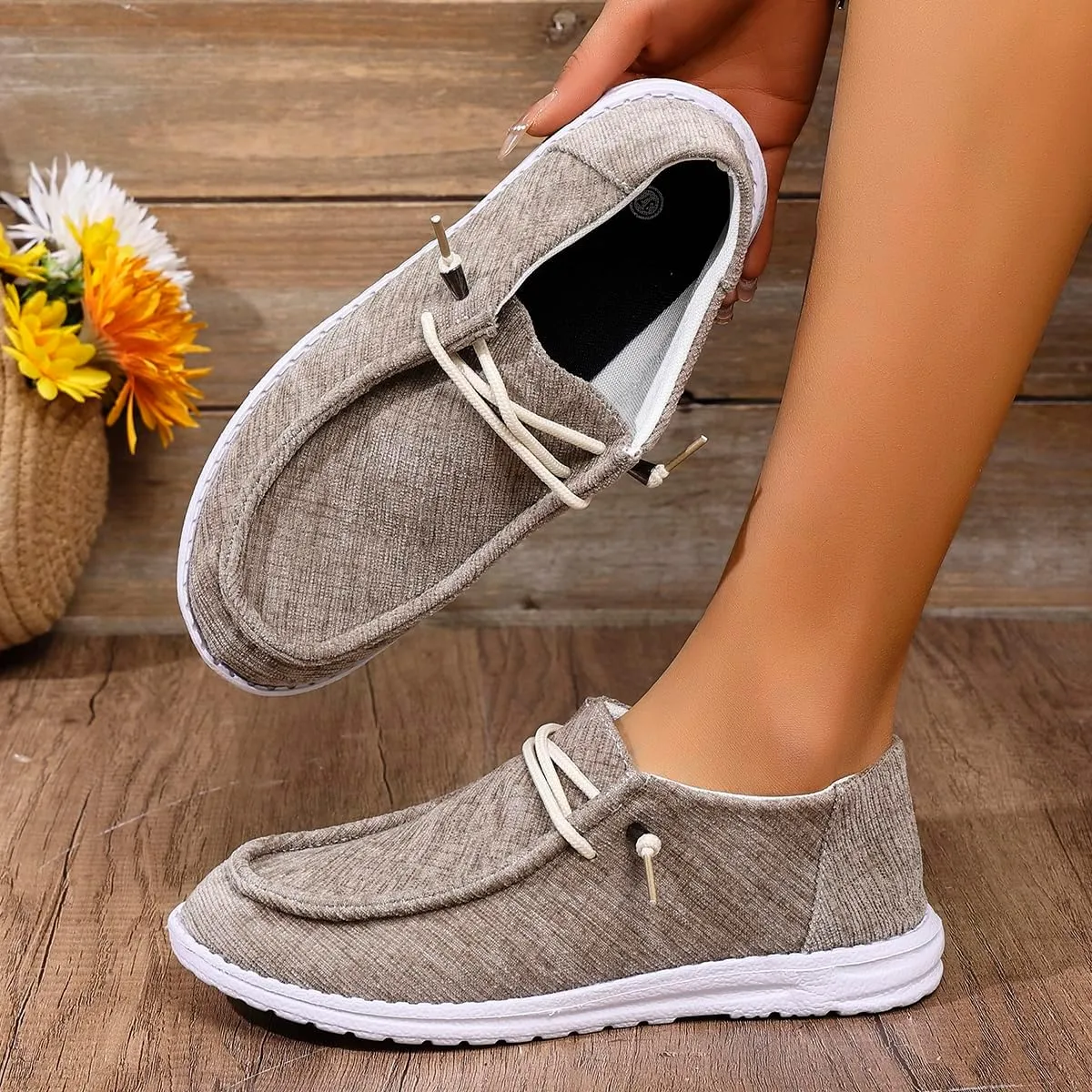 Shesnugin|Women's Black Fabric Slip On Casual Loafers Comfortable Lightweight Breathable Canvas Lace-Up Walking Flat Boat Shoes Ultralight Sole Wide Deck Shoes for Work and Traveling