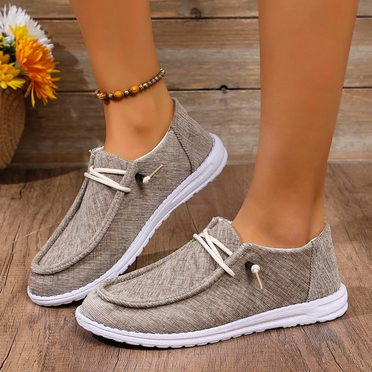 Shesnugin|Women's Black Fabric Slip On Casual Loafers Comfortable Lightweight Breathable Canvas Lace-Up Walking Flat Boat Shoes Ultralight Sole Wide Deck Shoes for Work and Traveling
