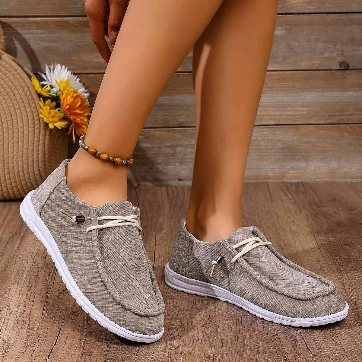 Shesnugin|Women's Black Fabric Slip On Casual Loafers Comfortable Lightweight Breathable Canvas Lace-Up Walking Flat Boat Shoes Ultralight Sole Wide Deck Shoes for Work and Traveling