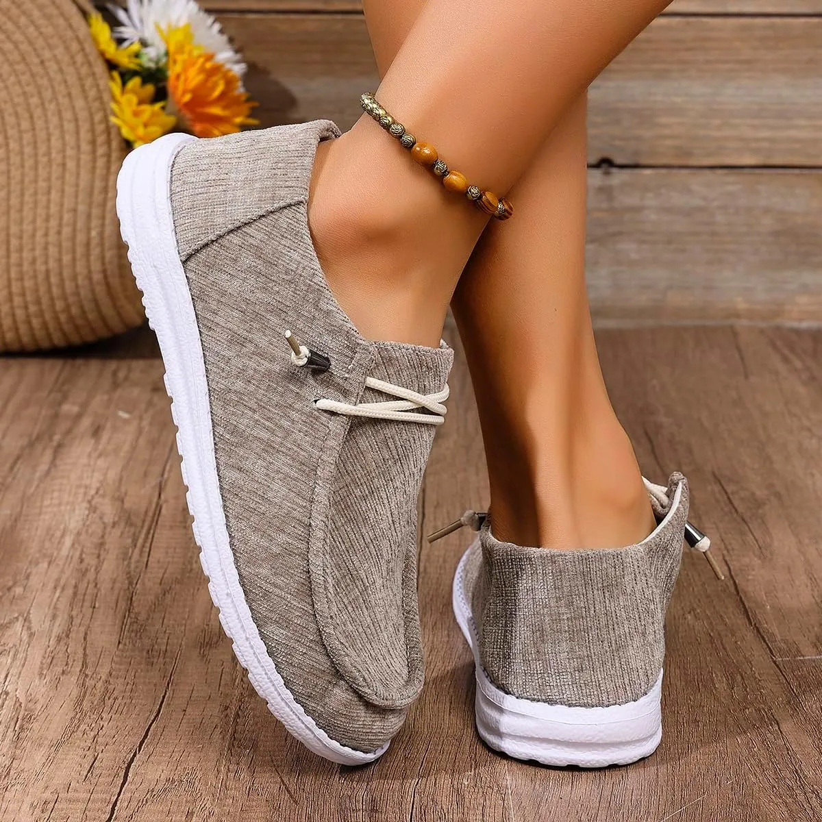 Shesnugin|Women's Black Fabric Slip On Casual Loafers Comfortable Lightweight Breathable Canvas Lace-Up Walking Flat Boat Shoes Ultralight Sole Wide Deck Shoes for Work and Traveling