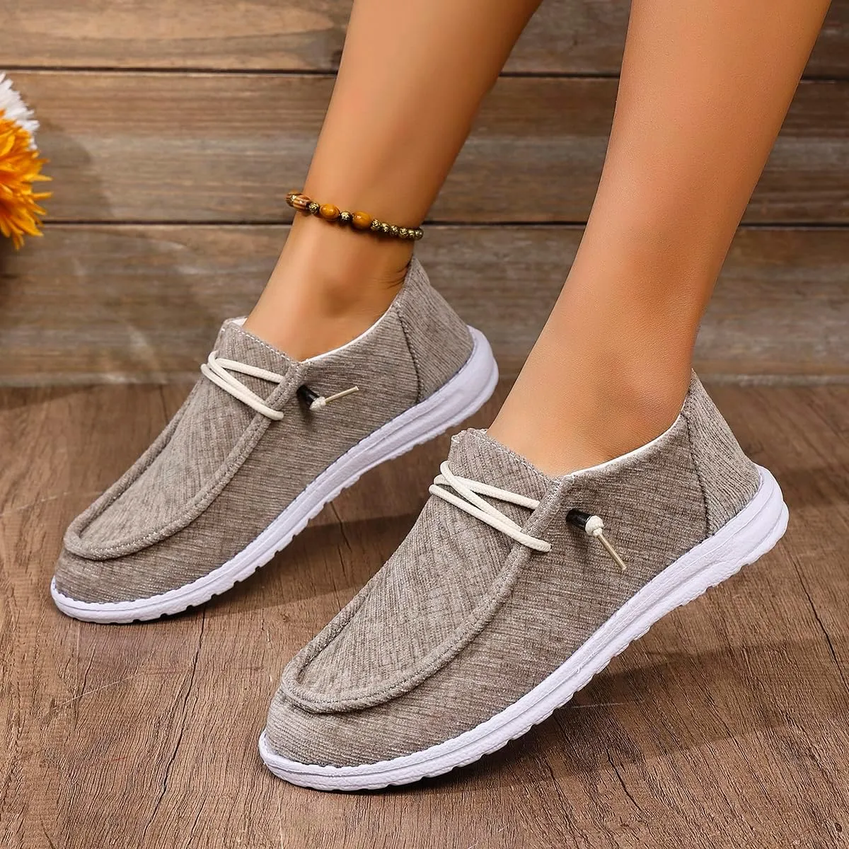 Shesnugin|Women's Black Fabric Slip On Casual Loafers Comfortable Lightweight Breathable Canvas Lace-Up Walking Flat Boat Shoes Ultralight Sole Wide Deck Shoes for Work and Traveling