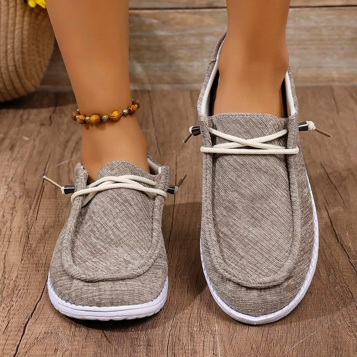 Shesnugin|Women's Black Fabric Slip On Casual Loafers Comfortable Lightweight Breathable Canvas Lace-Up Walking Flat Boat Shoes Ultralight Sole Wide Deck Shoes for Work and Traveling