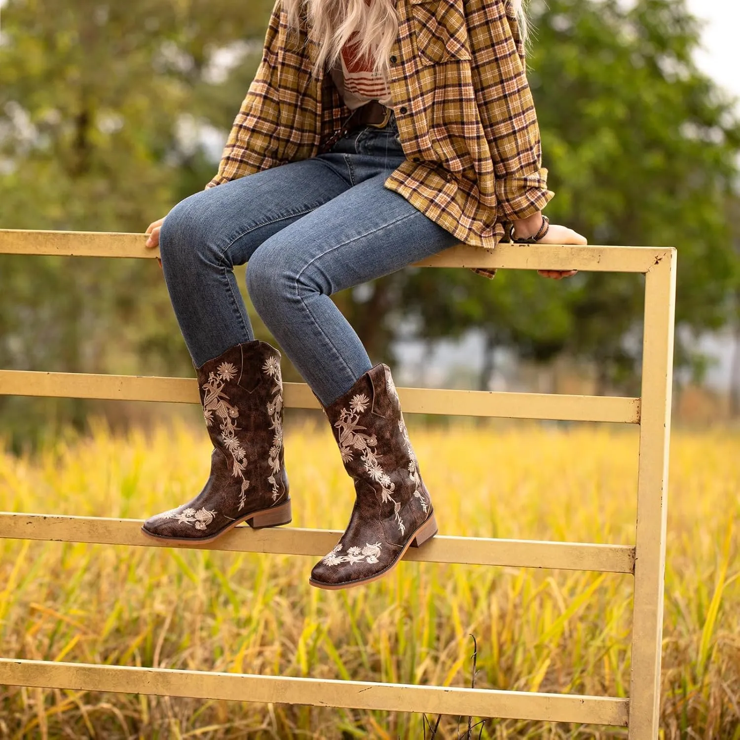 SheSole Women's Floral Rhinestones Square Toe Cowboy Boots Western Country Wedding Cowgirl Boots Wide Calf