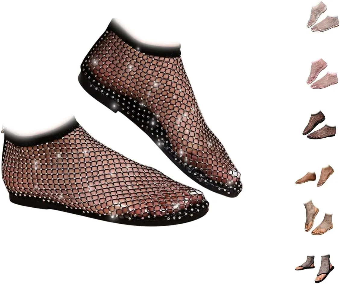 Shiny Gem Mesh Flats for Women, Sandals Dressy Summer Slip On Shoes, Sexy Cutout Sparkly Casual Wedding Dress Flats