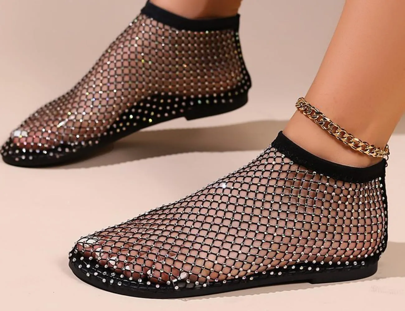 Shiny Gem Mesh Flats for Women, Sandals Dressy Summer Slip On Shoes, Sexy Cutout Sparkly Casual Wedding Dress Flats