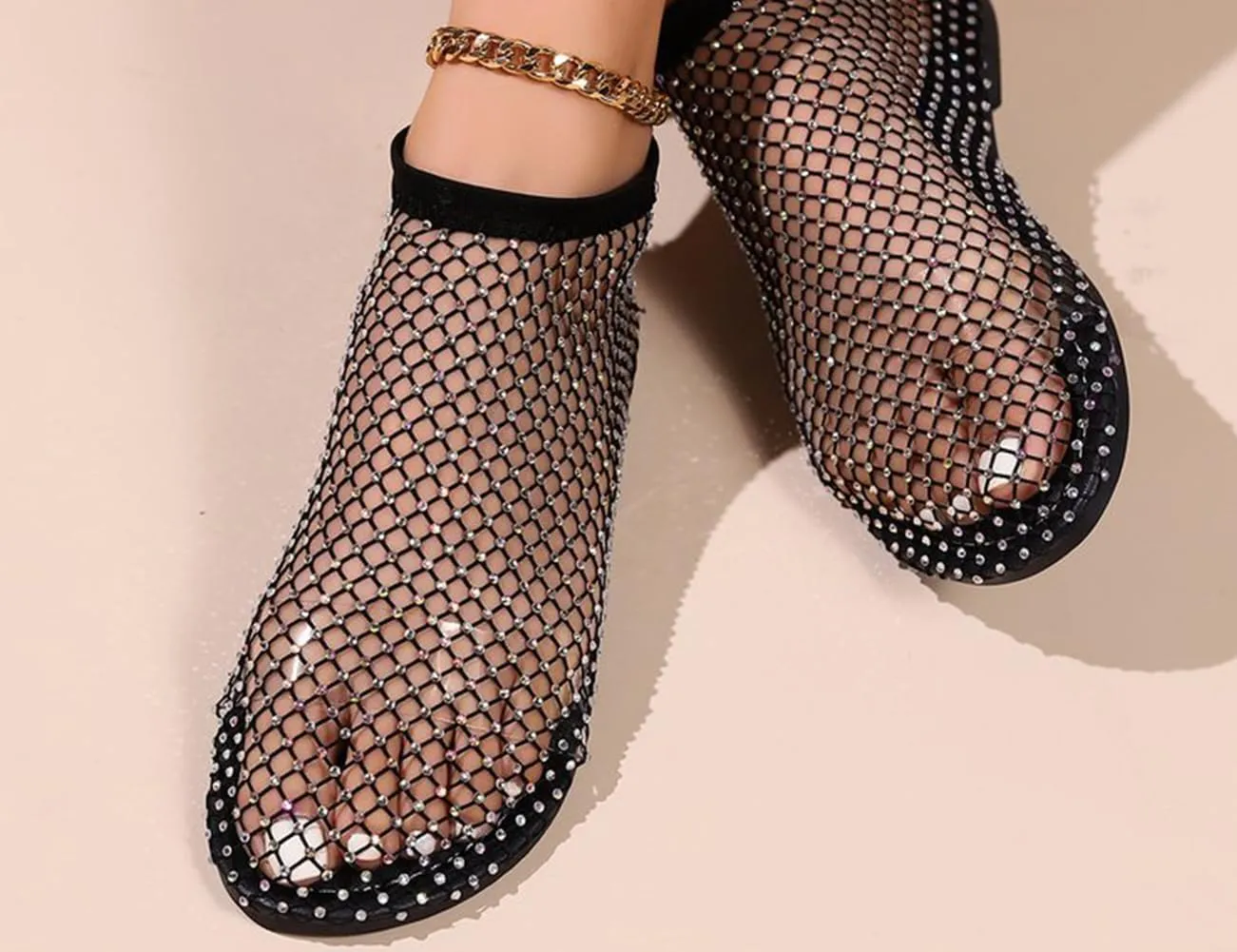 Shiny Gem Mesh Flats for Women, Sandals Dressy Summer Slip On Shoes, Sexy Cutout Sparkly Casual Wedding Dress Flats
