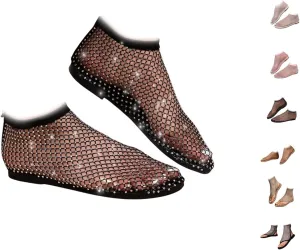 Shiny Gem Mesh Flats for Women, Sandals Dressy Summer Slip On Shoes, Sexy Cutout Sparkly Casual Wedding Dress Flats