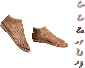 Shiny Gem Mesh Flats Women,Glittery Stretchy Net Shoes Women Ultra Comfortable Shiny Gem Mesh Flats Sparkle Shoe,Sexy Flat Cutout Sparkly Casual Wedding Dress Flats Slip On Sandals