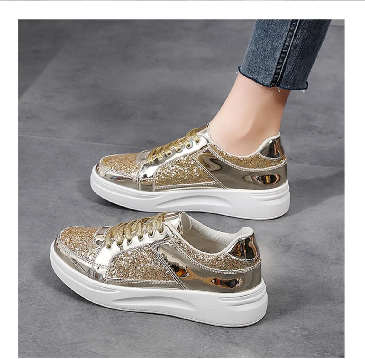 Shiny PU Metallic Y2K Cute Platform Sneakers   Daily Casual Streetwear Party Looks   Eye Catching Silver Gold Skate Shoes with Retro Vibes for Women Teens Girls