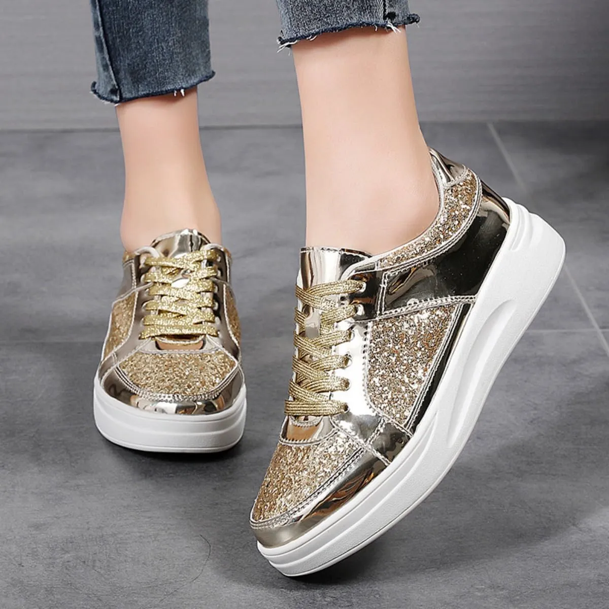Shiny PU Metallic Y2K Cute Platform Sneakers   Daily Casual Streetwear Party Looks   Eye Catching Silver Gold Skate Shoes with Retro Vibes for Women Teens Girls
