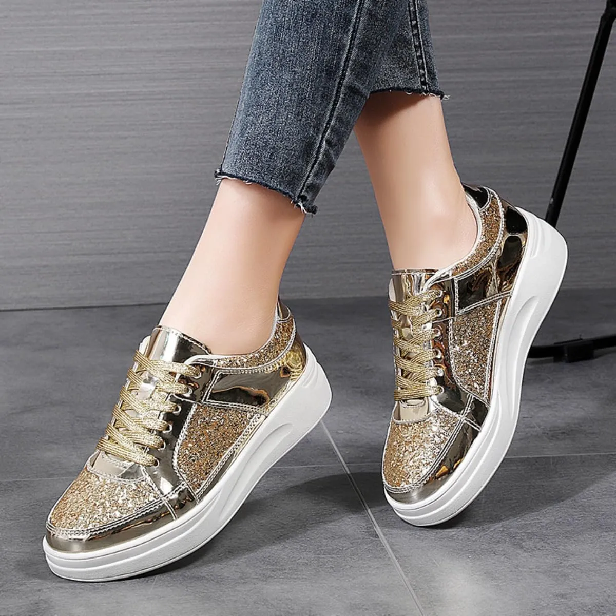 Shiny PU Metallic Y2K Cute Platform Sneakers   Daily Casual Streetwear Party Looks   Eye Catching Silver Gold Skate Shoes with Retro Vibes for Women Teens Girls