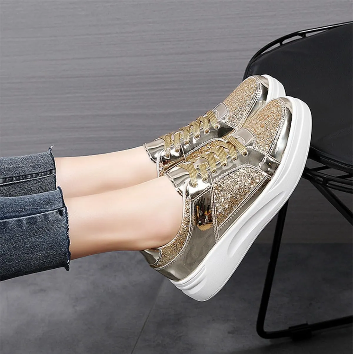 Shiny PU Metallic Y2K Cute Platform Sneakers   Daily Casual Streetwear Party Looks   Eye Catching Silver Gold Skate Shoes with Retro Vibes for Women Teens Girls