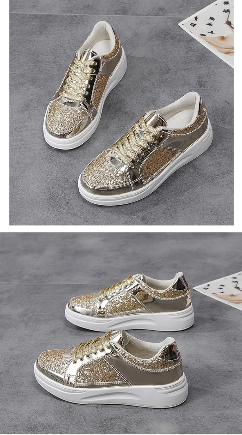 Shiny PU Metallic Y2K Cute Platform Sneakers   Daily Casual Streetwear Party Looks   Eye Catching Silver Gold Skate Shoes with Retro Vibes for Women Teens Girls