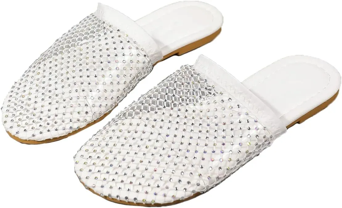 Shiny Rhinestone Mesh Flats, Bling Sandals for Women, Glittery Stretchy Net slipper Women Ultra Comfortable Shiny Gem Mesh Flats Sparkle slipper Toe Casual Slingback Flat slipper